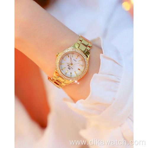 BS Watch 1258 Ladies Top Brand Luxury Wrist Watches Dress Gold Women Crystal Diamond Stainless Steel Watch